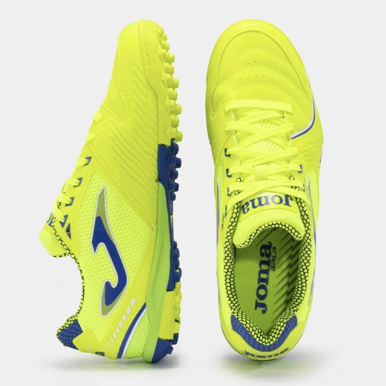 Joma Dribling 2409 yellow turf shoes – angled top view highlighting laces and breathable upper for comfort.