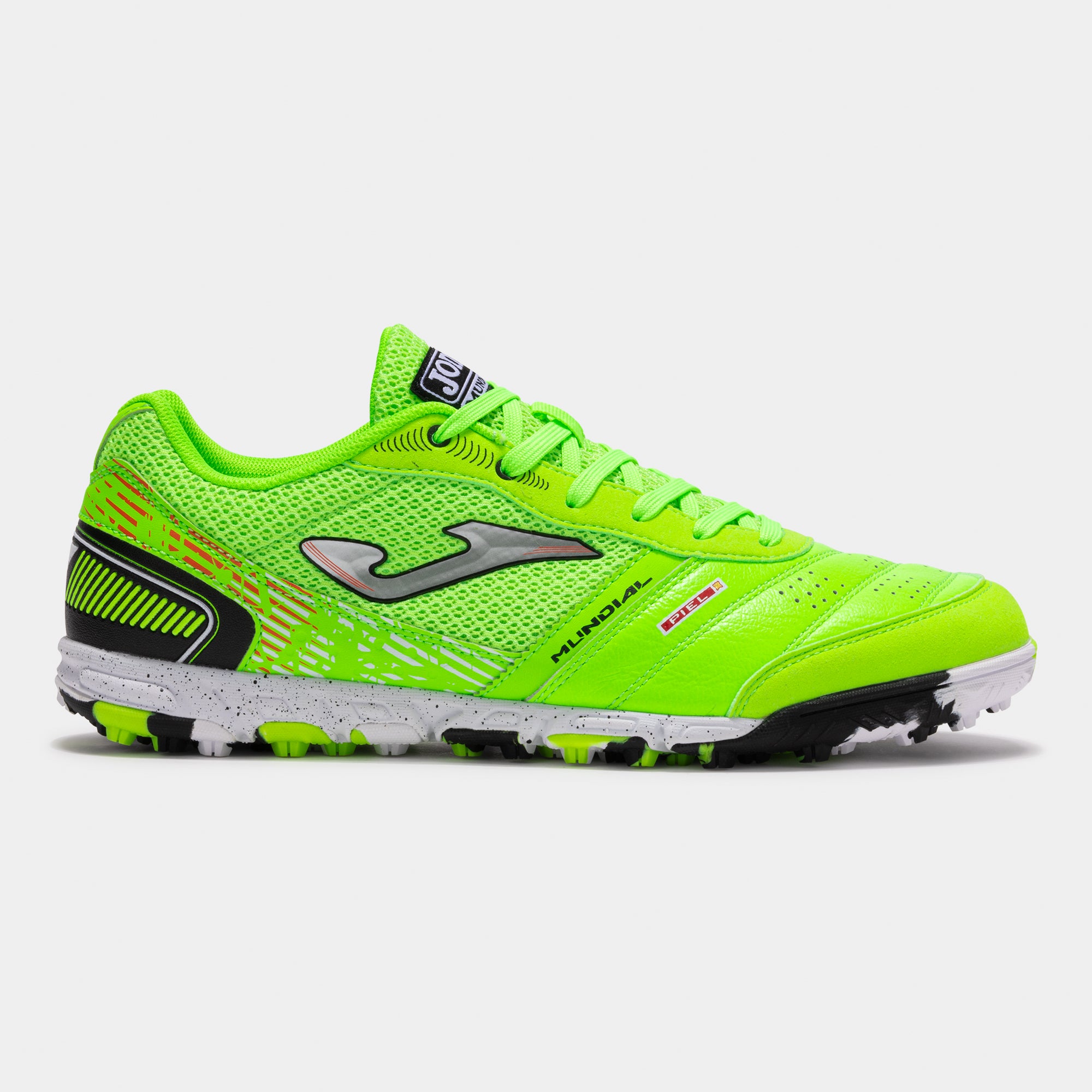 Joma Mundial 2511 turf soccer shoes in green fluor – side view showing synthetic upper and turf outsole.