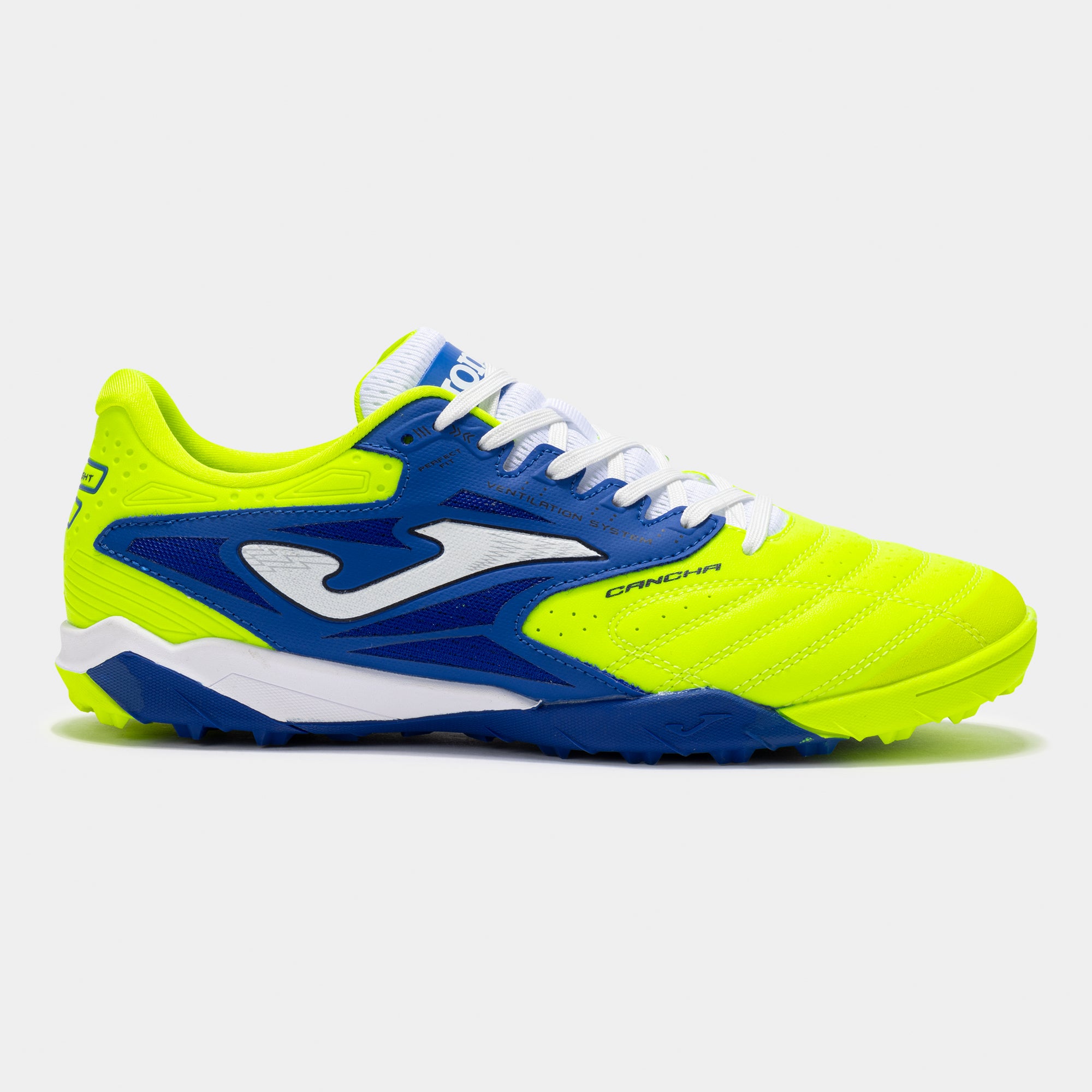 Joma Cancha 2511 turf soccer shoes in lemon yellow – side view showing synthetic upper and turf outsole.