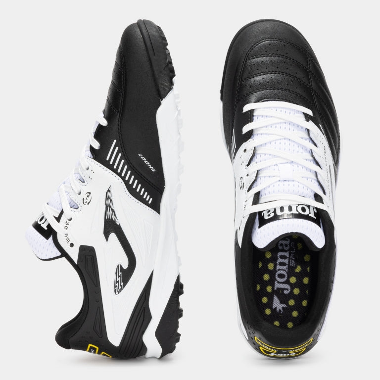 Joma Cancha 2501 white turf shoes – angled top view highlighting laces and breathable upper design.