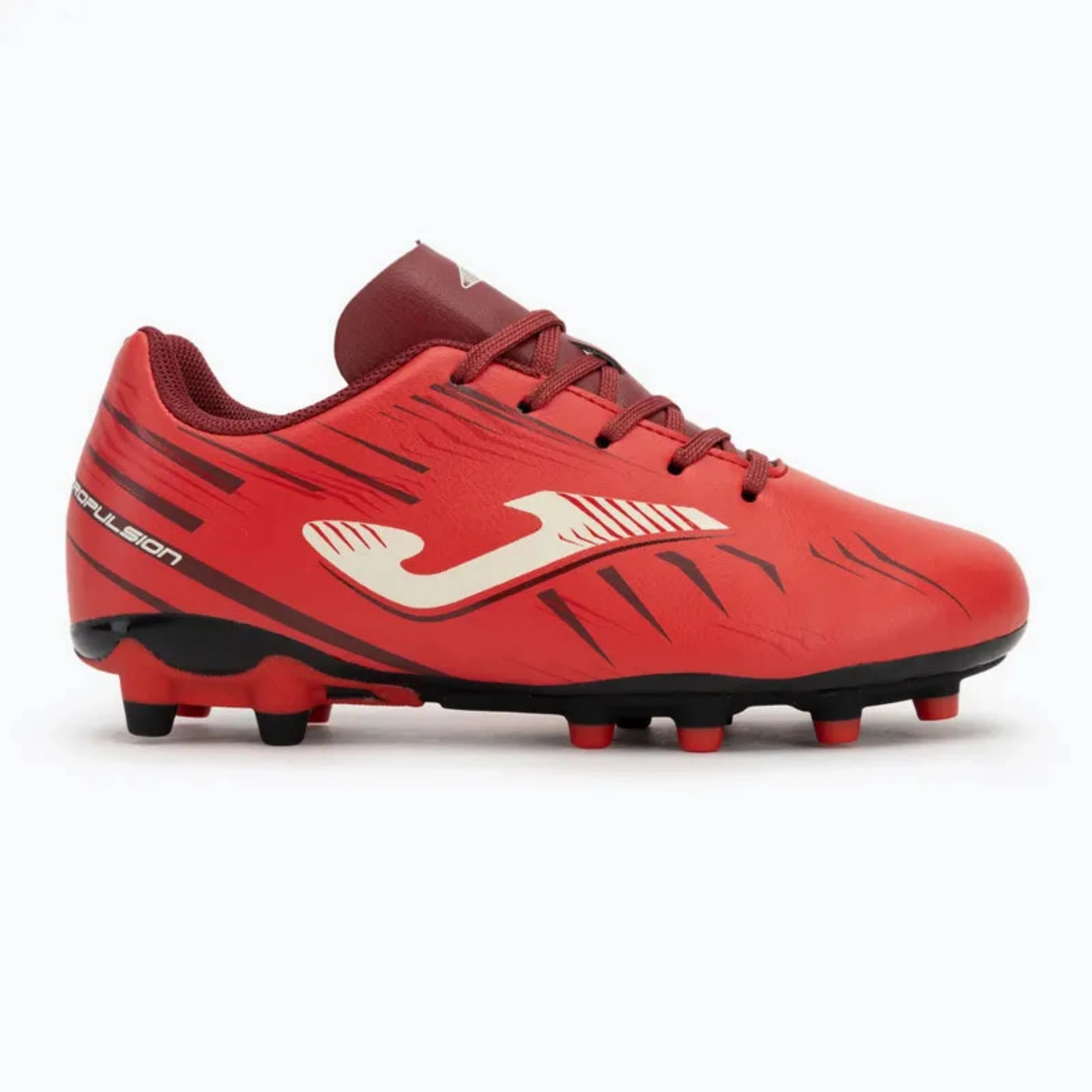 Red soccer cleat with black accents on a side view