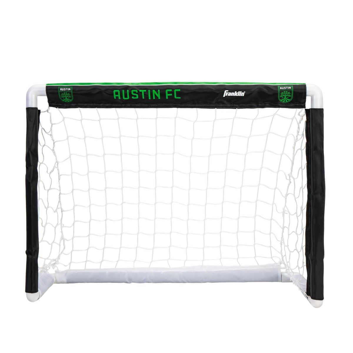 Mini soccer goal with 'Austin FC' and Franklin Sports branding on a white background