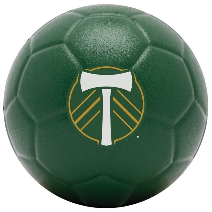 Green soccer ball with a logo on a white background