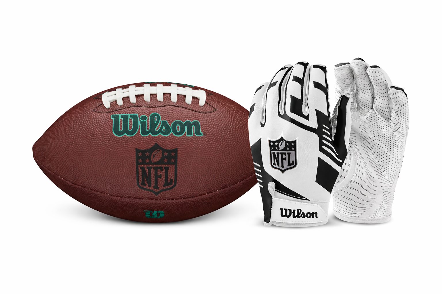 Wilson NFL Ignition Pro Eco American Football + Stretch Fit Receiver Gloves Bundle