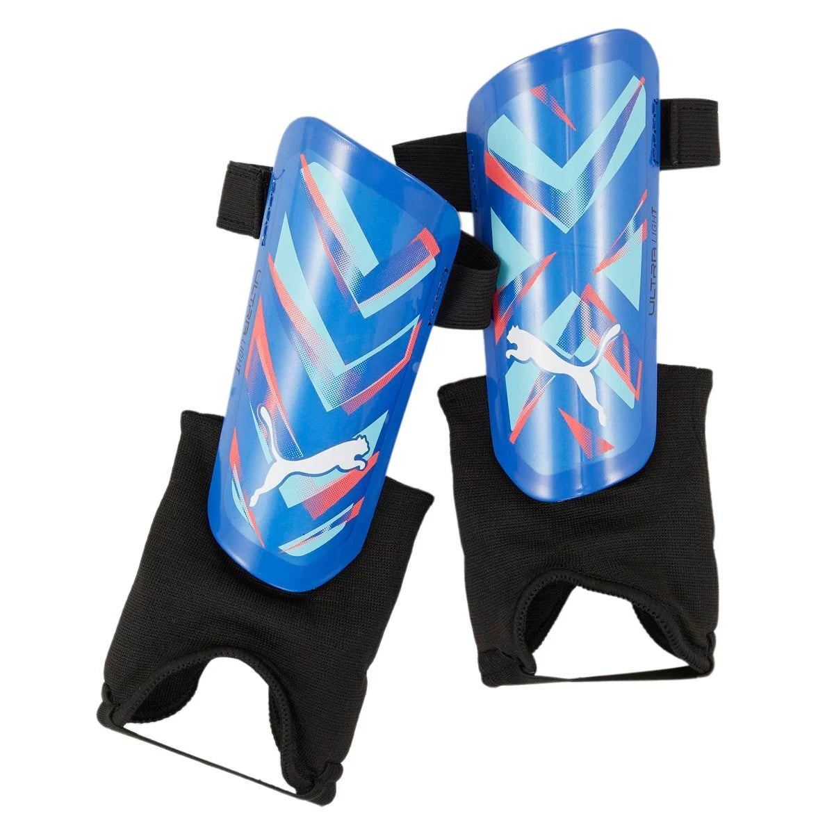 Pair of blue shin guards with black straps 