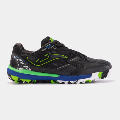 Joma Liga 5 LIGS2401TF turf soccer shoes in black and green – side view showing synthetic upper and turf outsole