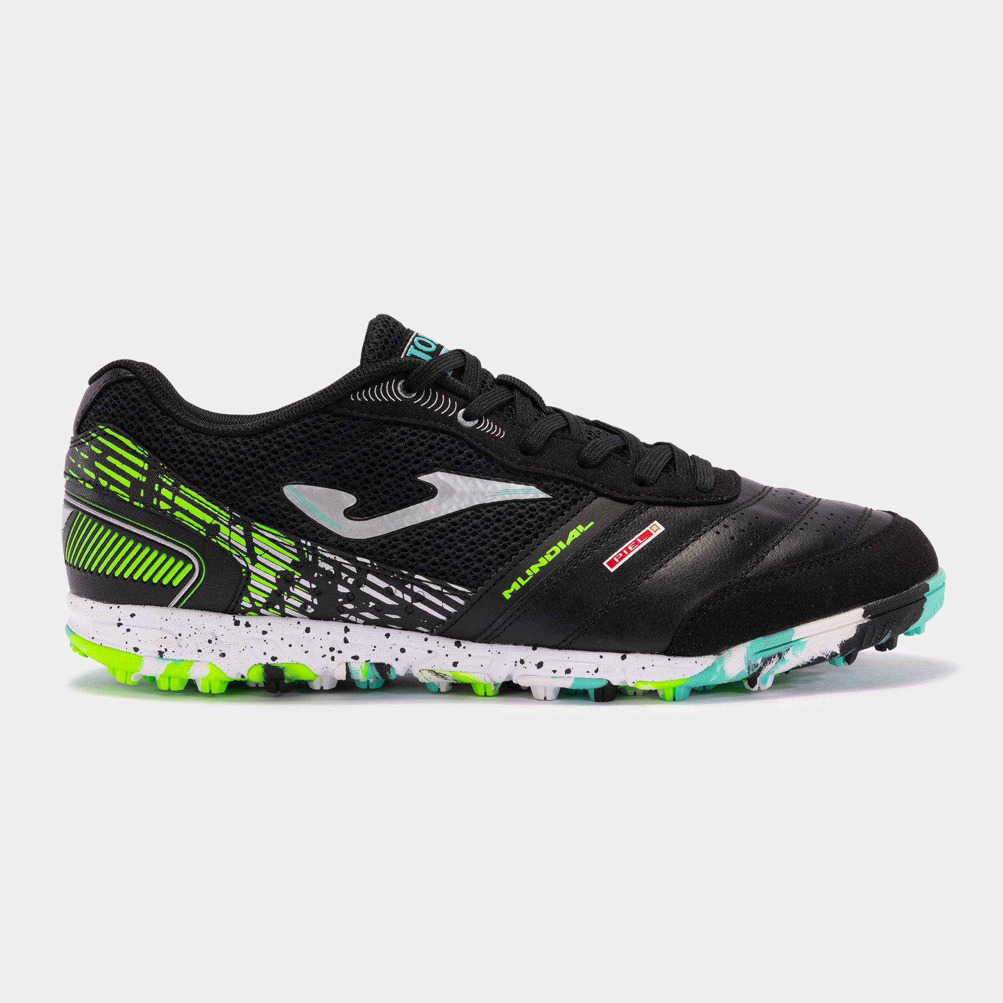 Joma Mundial 2401 black turf soccer shoes – side view showing synthetic leather upper and multi-stud rubber outsole.