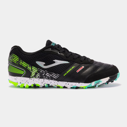 Joma Mundial 2401 black turf soccer shoes – side view showing synthetic leather upper and multi-stud rubber outsole.