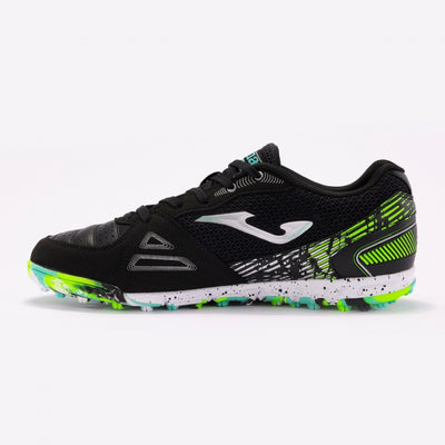 Joma Mundial 2401 turf soccer shoes in black – angled top view highlighting laces, breathable mesh panels, and sleek design