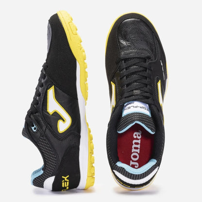 Joma Top Flex 2301 turf shoes in yellow – angled top view highlighting laces and breathable design for performance.