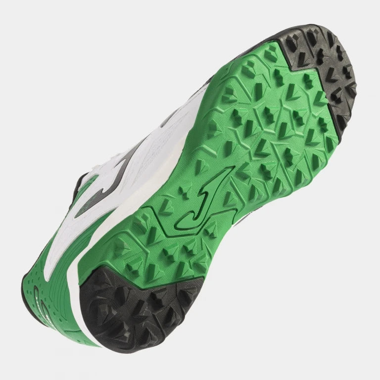 Joma Cancha 2401 green soccer shoes – bottom view of rubber turf outsole with short studs for traction on synthetic fields