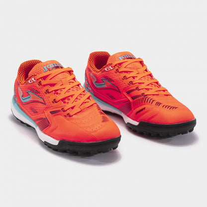 Joma Liga 5 2408 turf shoes in orange – angled top view highlighting laces and breathable upper design.