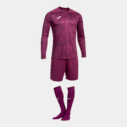 Burgundy Joma Zamora IX soccer goalie set with padded jersey and shorts