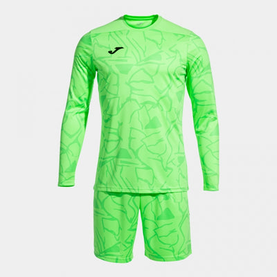 Fluor Green Front view of Joma Zamora IX goalie jersey and shorts set