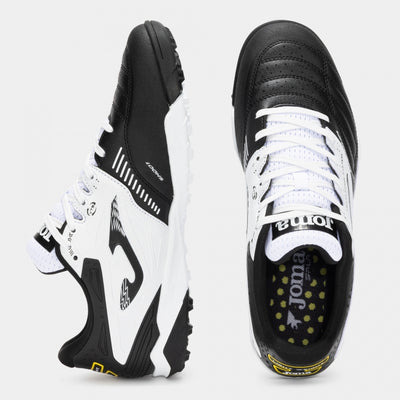 Joma Cancha 2501 white turf shoes – angled top view highlighting laces and breathable upper design.