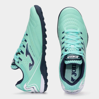 Joma Maxima 2527 turquoise turf shoes – angled top view highlighting laces and breathable upper design.