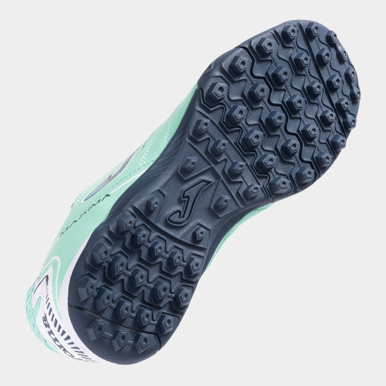 Joma Maxima 2527 turquoise soccer shoes – bottom view of turf outsole with short studs for traction on synthetic fields