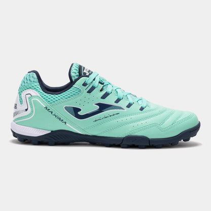 Joma Maxima 2527 turf soccer shoes in turquoise – side view showing synthetic upper and turf rubber outsole.