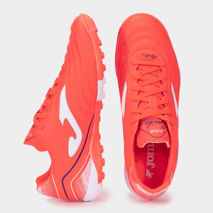 Joma Aguila 2507 orange turf shoes – angled top view highlighting laces and breathable upper design.