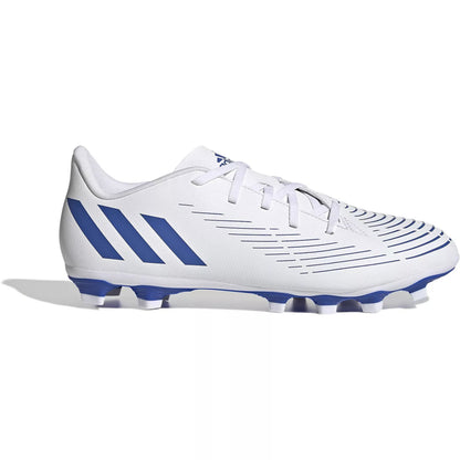 White adidas Predator Edge.4 soccer cleats with blue accents and lace closures.