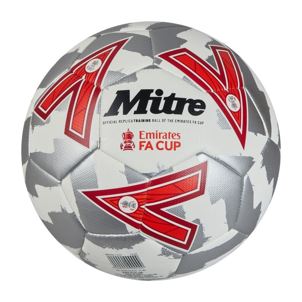 White and gray soccer ball with red accents and Mitre branding on a white background
