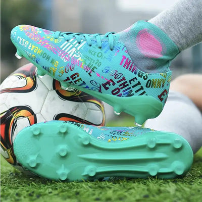 Turquoise soccer cleats on grass