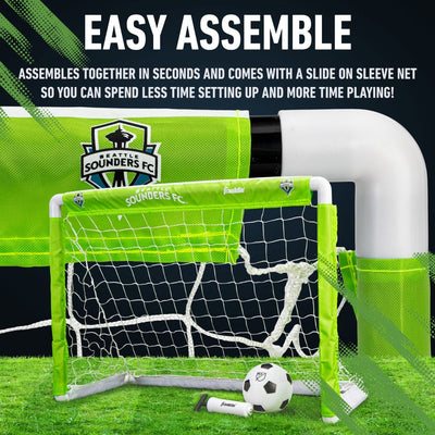 Soccer goal with Seattle Sounders FC branding on a grass field, featuring text about easy assembly.
