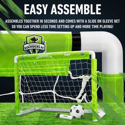 Soccer goal with Seattle Sounders FC branding on a grass field, featuring text about easy assembly.