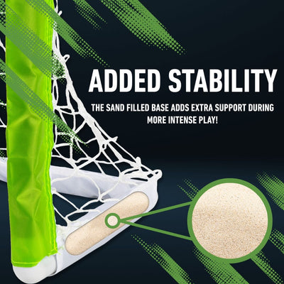 Goal with sand-filled base for added stability, text on a dark background