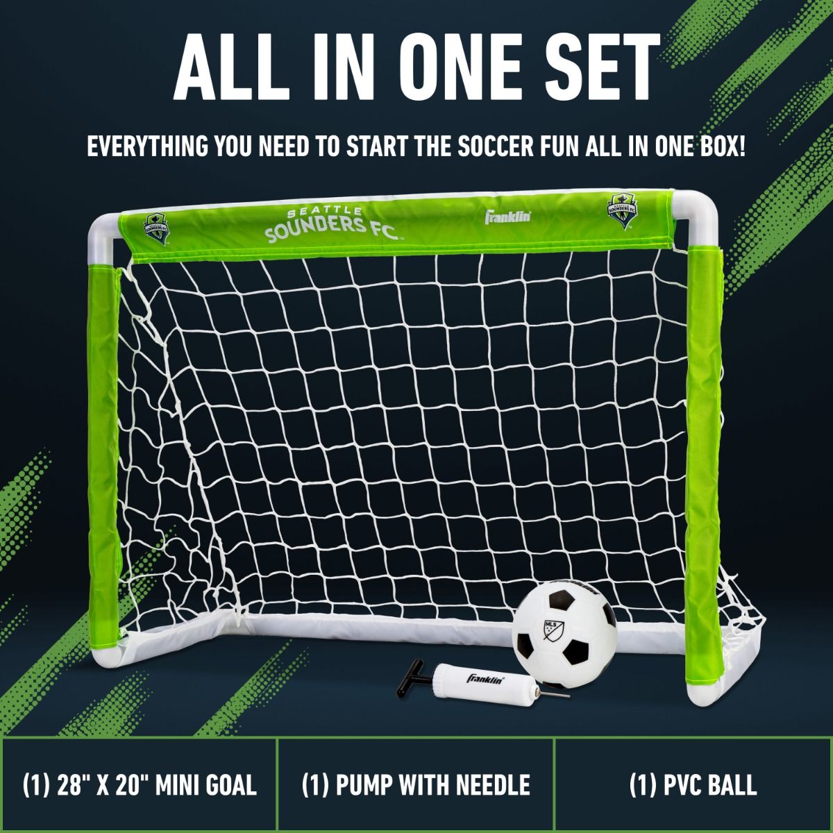 Mini soccer goal set with ball and pump on a dark background