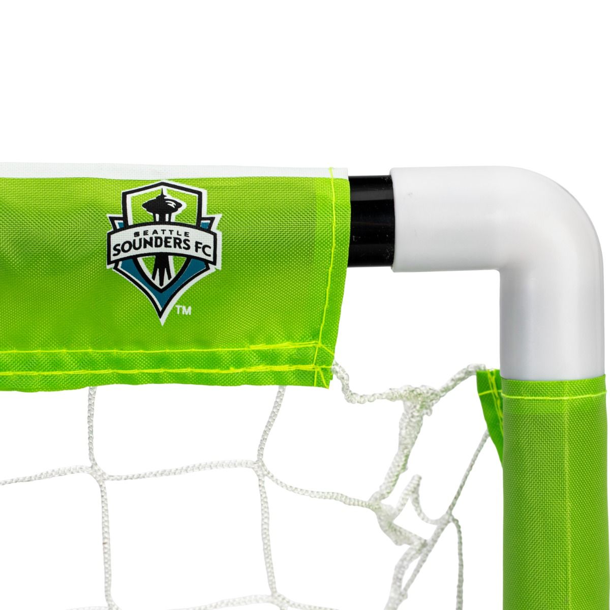 Soccer goal with Seattle Sounders FC logo on a green net