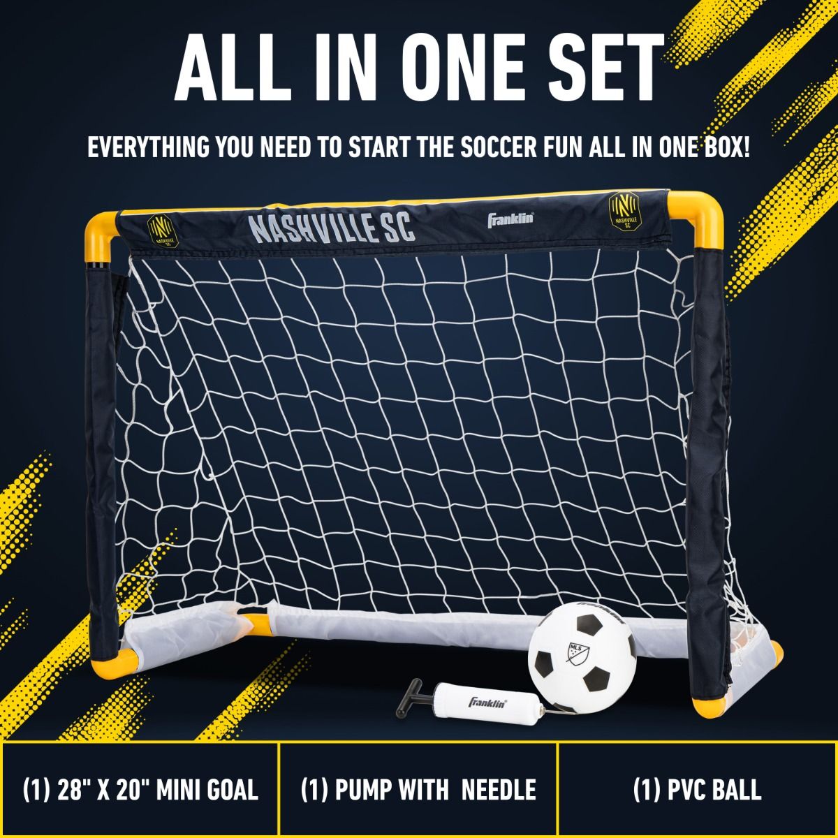 Soccer goal, ball, and pump set with 'Nashville SC' branding on a dark background.