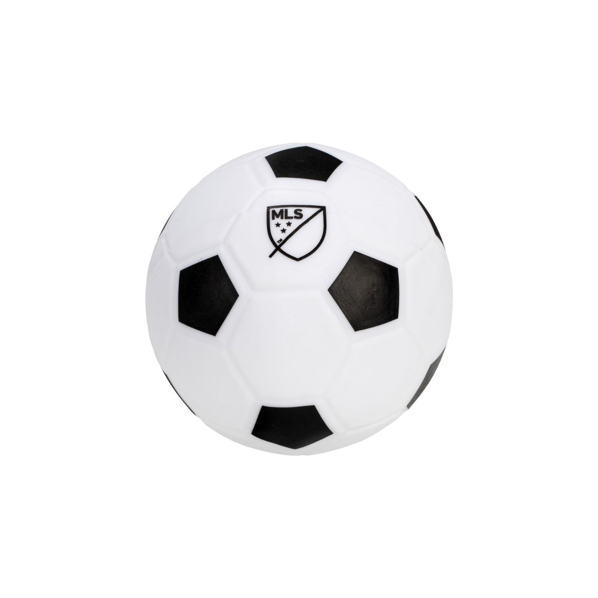 White soccer ball with black pentagonal patterns on a white background