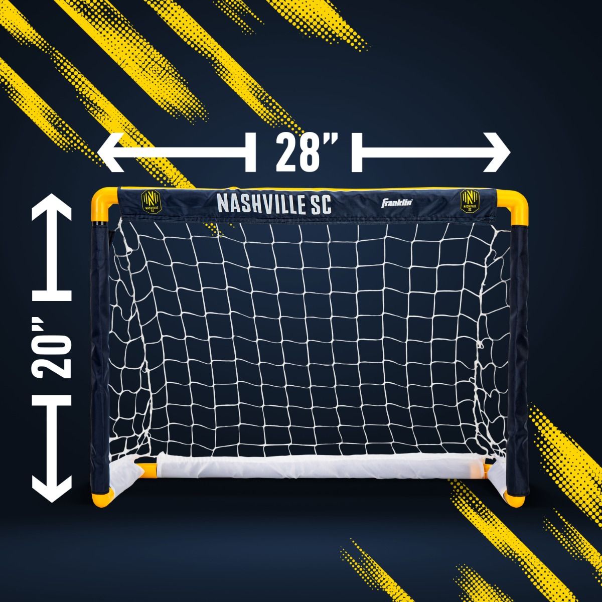 Small soccer goal with dimensions labeled on a dark background