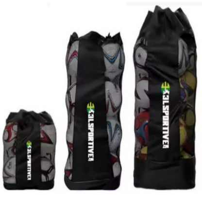 Three waterproof duffel ball bags with a multicolored character pattern on a black background, designed to hold sports balls.