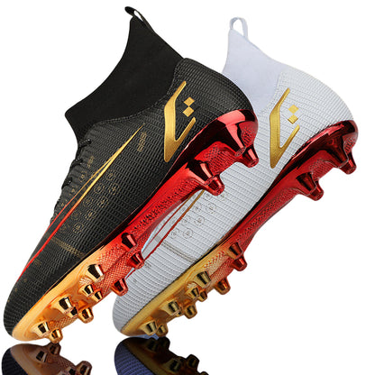 A pair of high-ankle soccer cleats with golden color and red accents, featuring lace closure and gold-colored studs on a blue background.