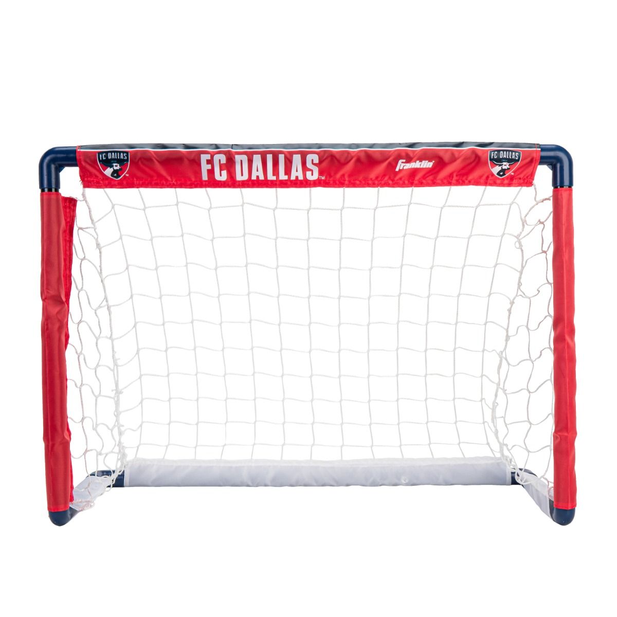 Small soccer goal with FC Dallas branding on a white background