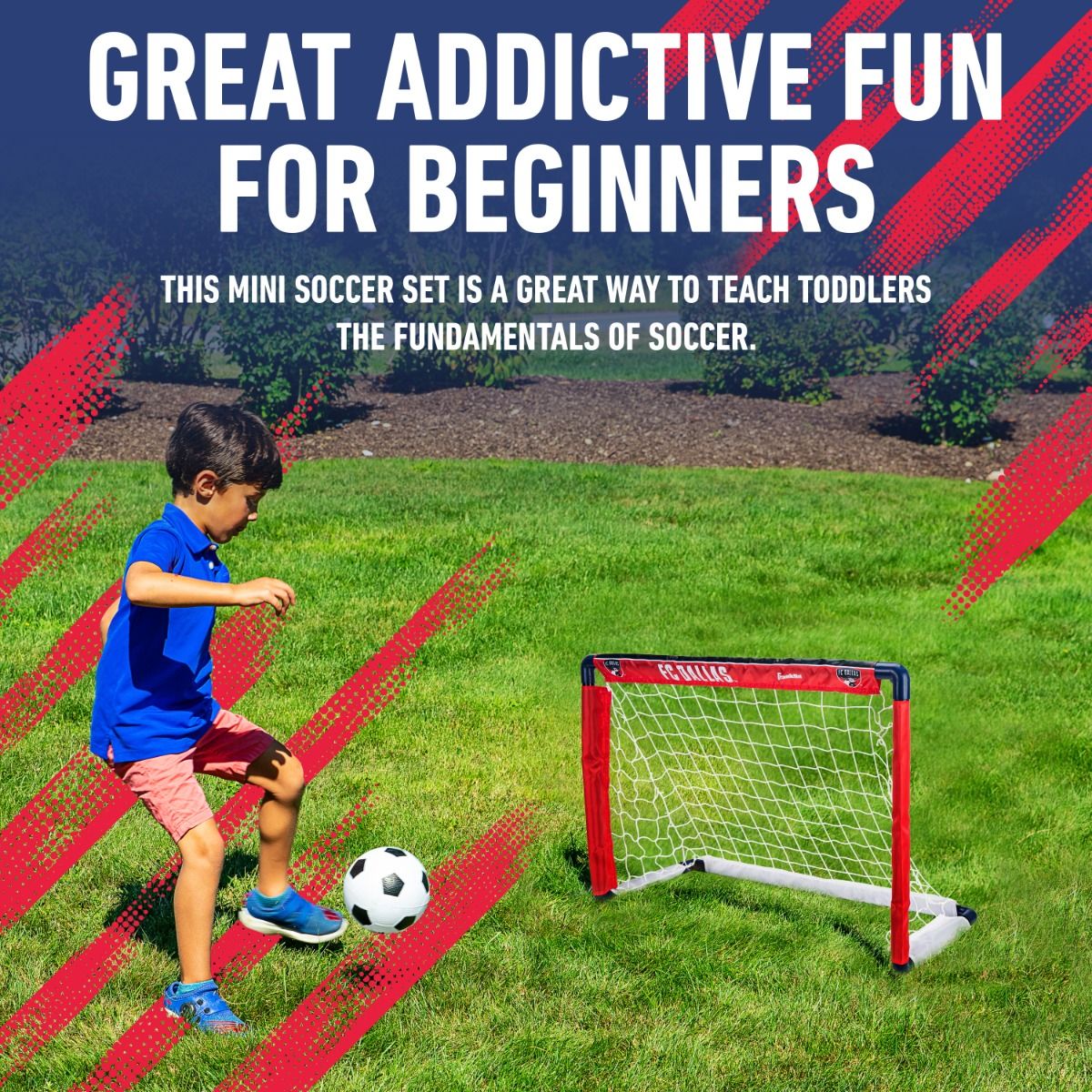 Child playing with a soccer ball and goal on grass, with promotional text about the mini soccer set.