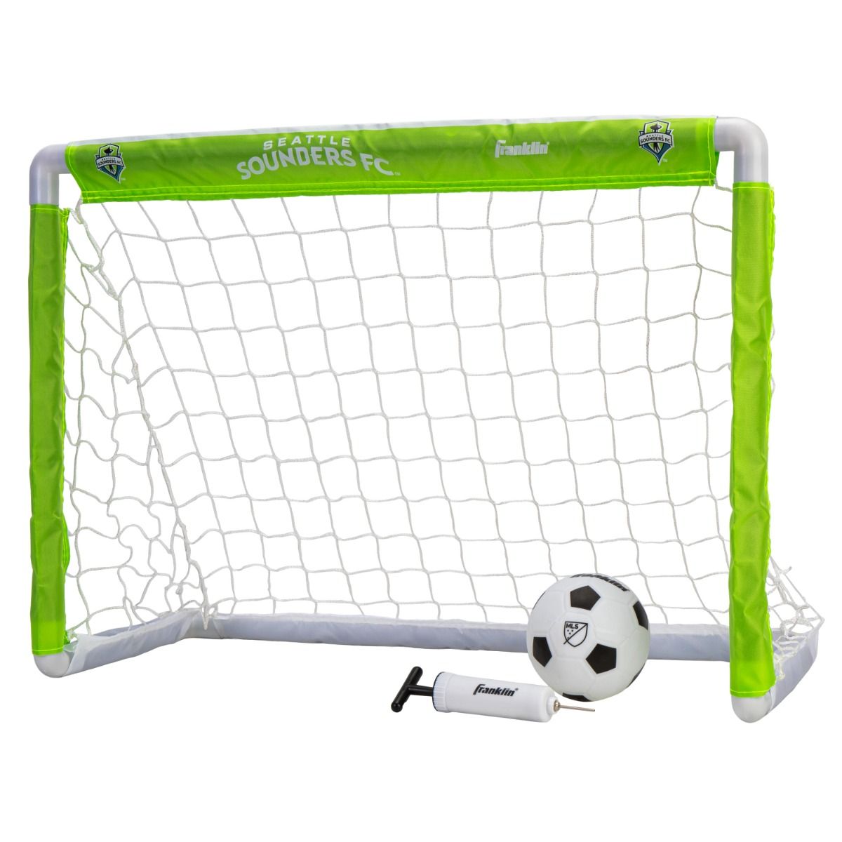 Seattle Sounders FC soccer goal with ball and pump on a white background