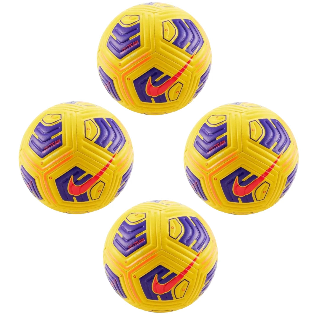 A collection of yellow, purple, and red Nike Academy Team Soccer balls displayed together.