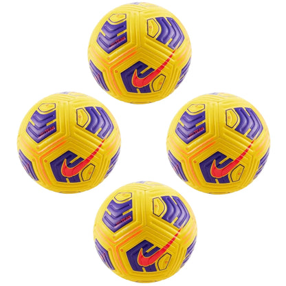 A collection of yellow, purple, and red Nike Academy Team Soccer balls displayed together.
