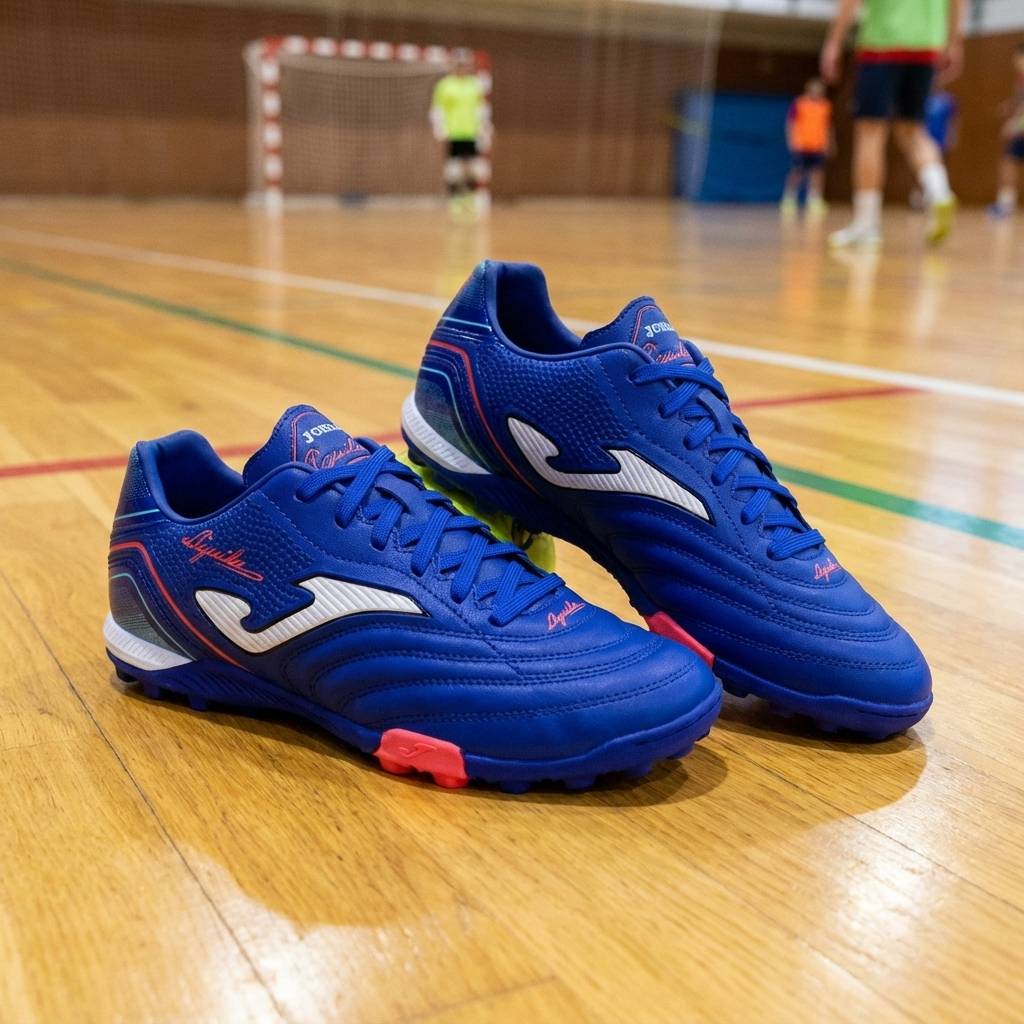 Blue soccer shoes with red accents on a wooden sports court