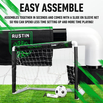 Soccer goal with Austin branding on a grass field, featuring text about easy assembly.