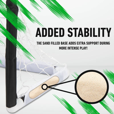 Mini soccer goal set with ball and pump on a white background with green accents.