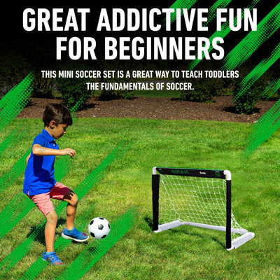Child playing with a soccer ball and goal on grass, with promotional text about the product.