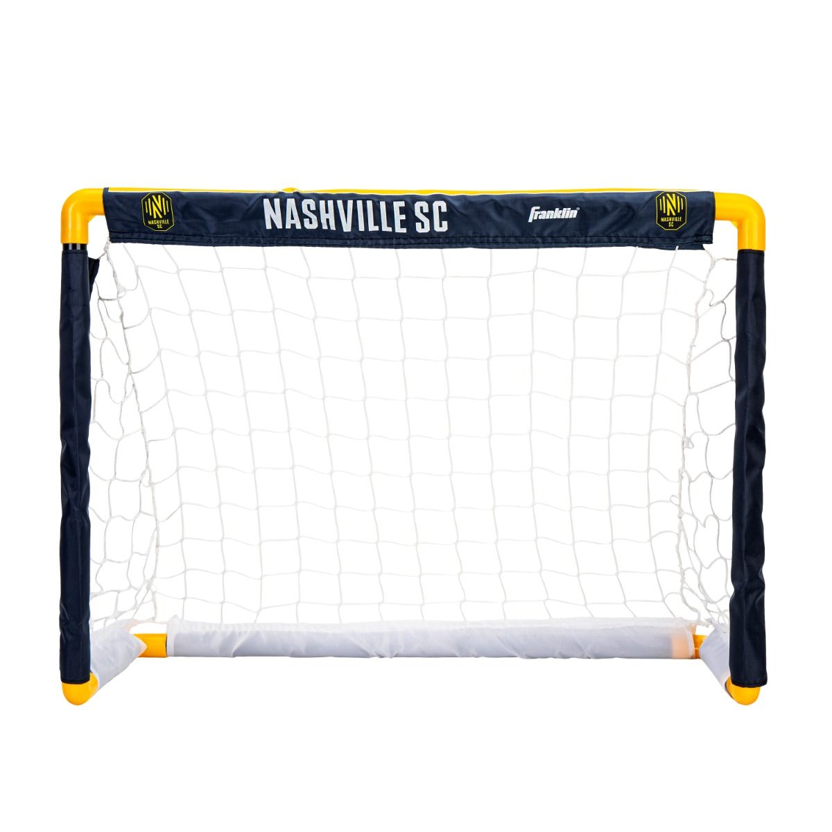 Mini soccer goal with Nashville SC and Franklin branding on a white background