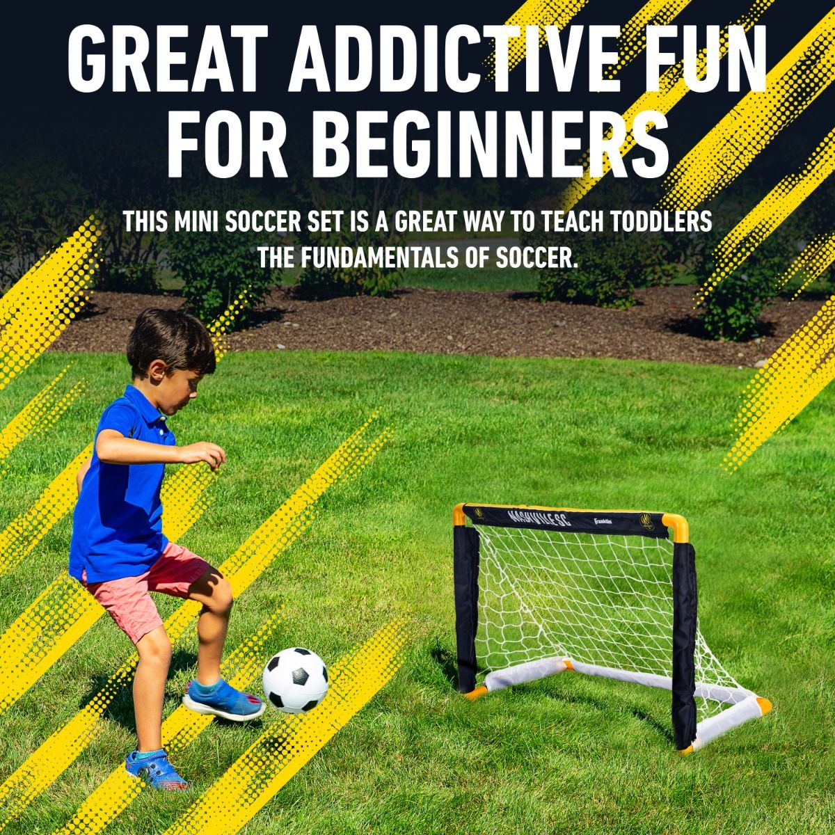 Child playing with a soccer ball and goal on grass, with promotional text about the product.