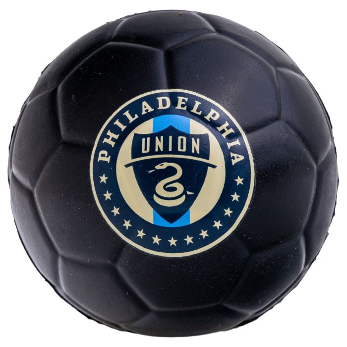 Black textured ball with Philadelphia Union logo on a white background