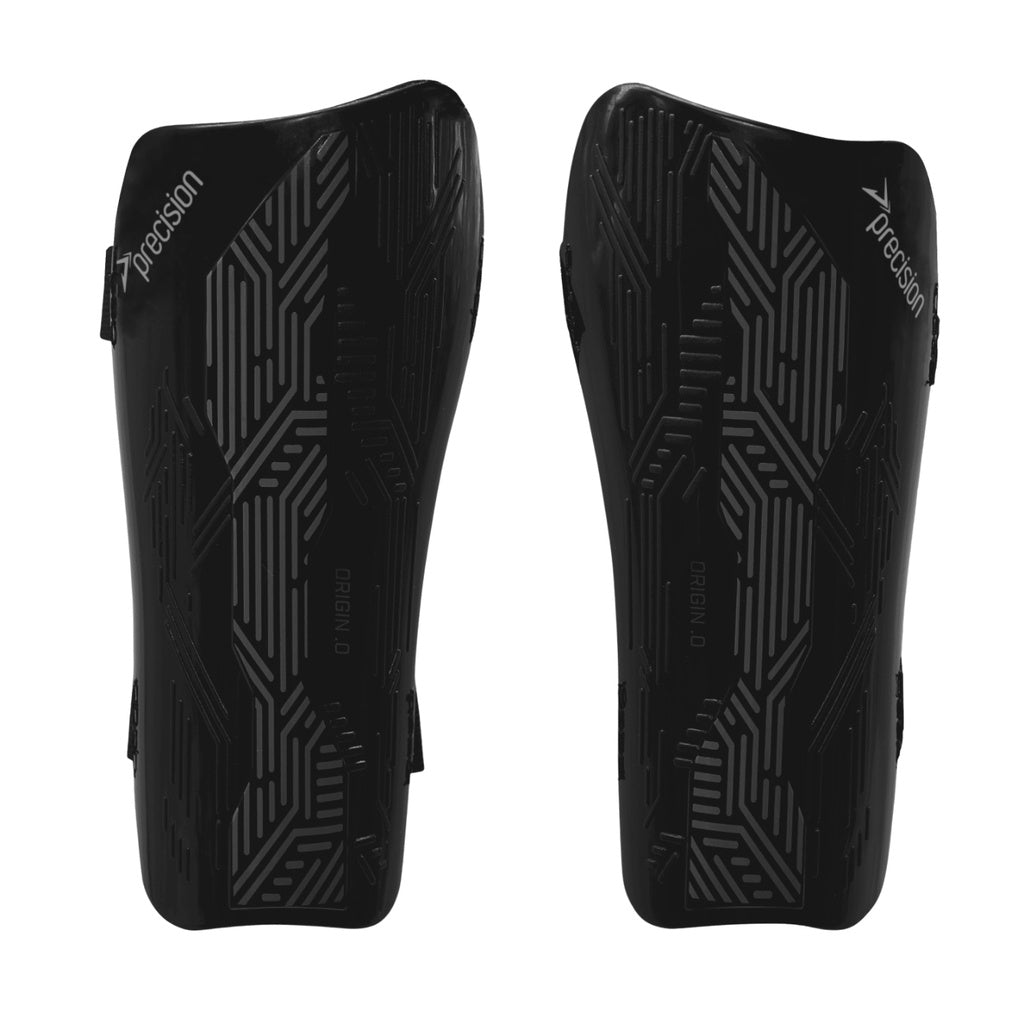 Pair of black shin guards with geometric pattern on a white background
