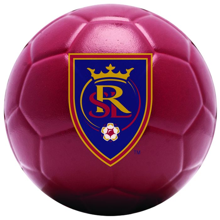 Maroon soccer ball with Real Salt Lake logo on a white background